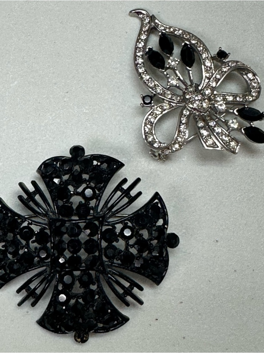 Women's Black and Silver Crystal Brooch Set - Elegant Floral & Cross,vintage